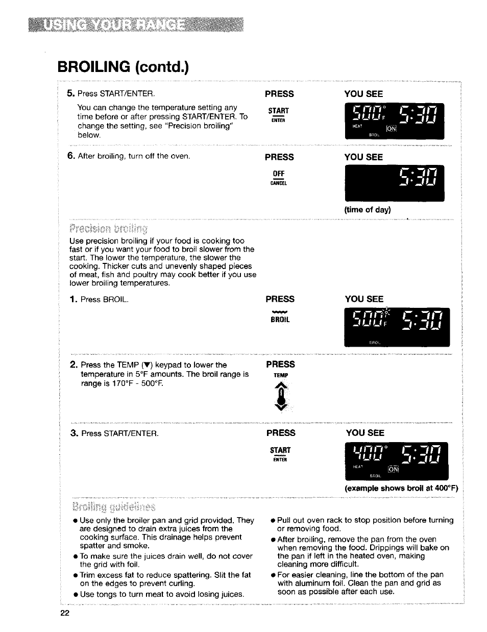 Press, You see, Broiling (contd.) | T u u | Kenmore Sens-A-Clean 665.95829 User Manual | Page 22 / 50