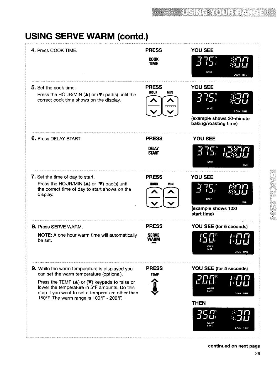 Press, Start, Warm | Using serve warm (contd.), I-nn ilili, R ju | Kenmore Sens-A-Clean 665.95829 User Manual | Page 29 / 50