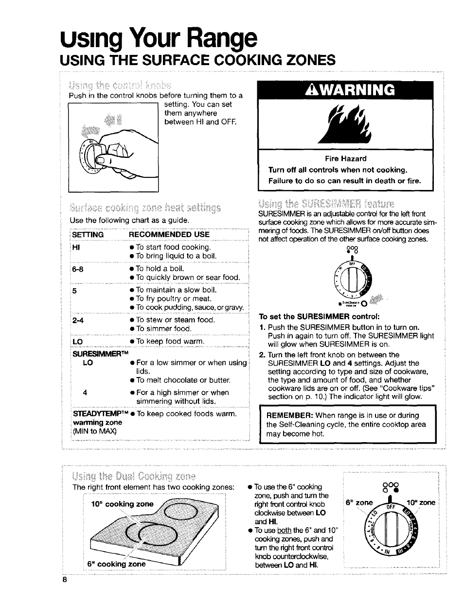 Using your range, Using the surface cooking zones, To set the suresimmer control | Awarning | Kenmore Sens-A-Clean 665.95829 User Manual | Page 8 / 50