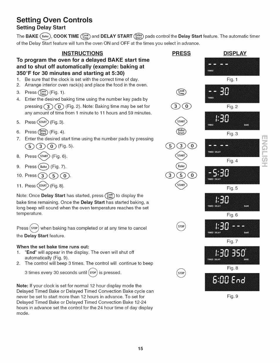 Instructions, When the set bake time runs out, Press | Display, S’uu, E n d, Setting oven controls, Cd® (fig-5), On ou | Kenmore 790.4802 User Manual | Page 15 / 36