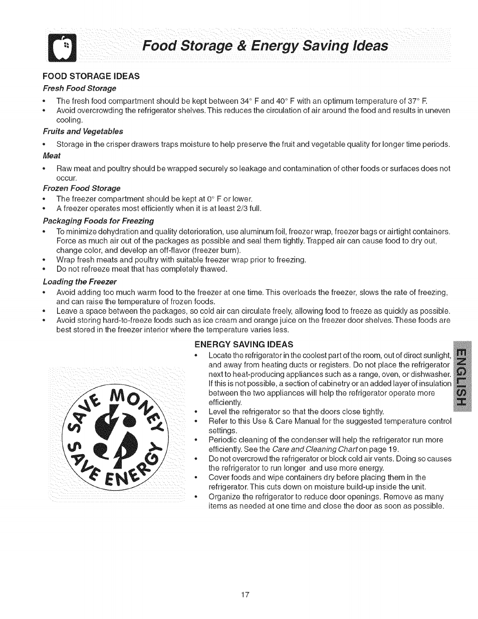 Energy saving ideas, Fresh, Freely | Freeze, Less | Kenmore 241858201 User Manual | Page 17 / 21