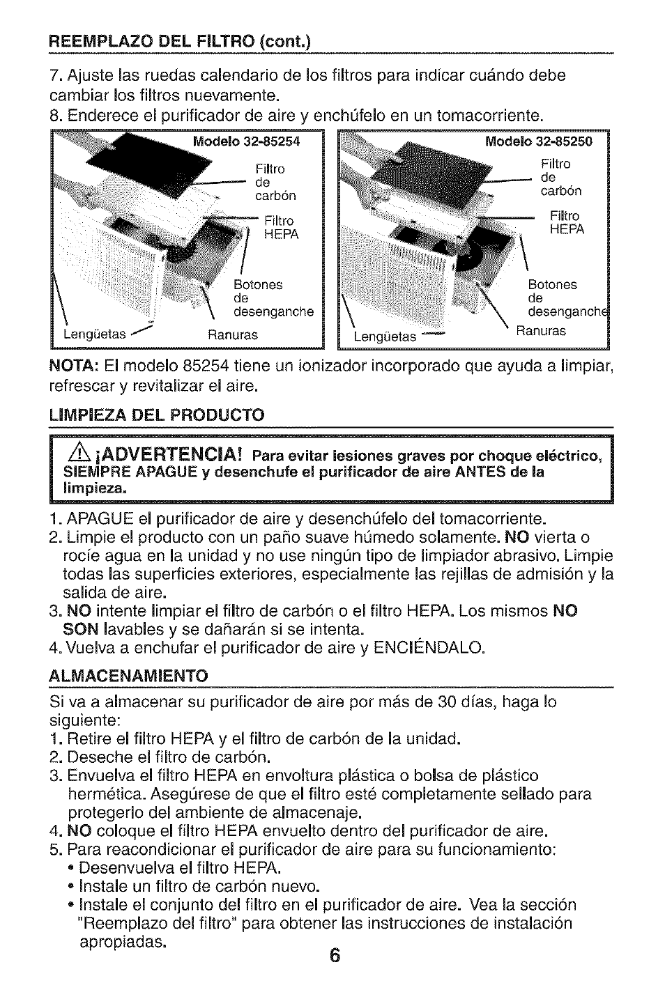 Reemplazo del filtro (cont.), Limpieza del producto, Advertencia | Kenmore HEPA 152.85254 User Manual | Page 13 / 16