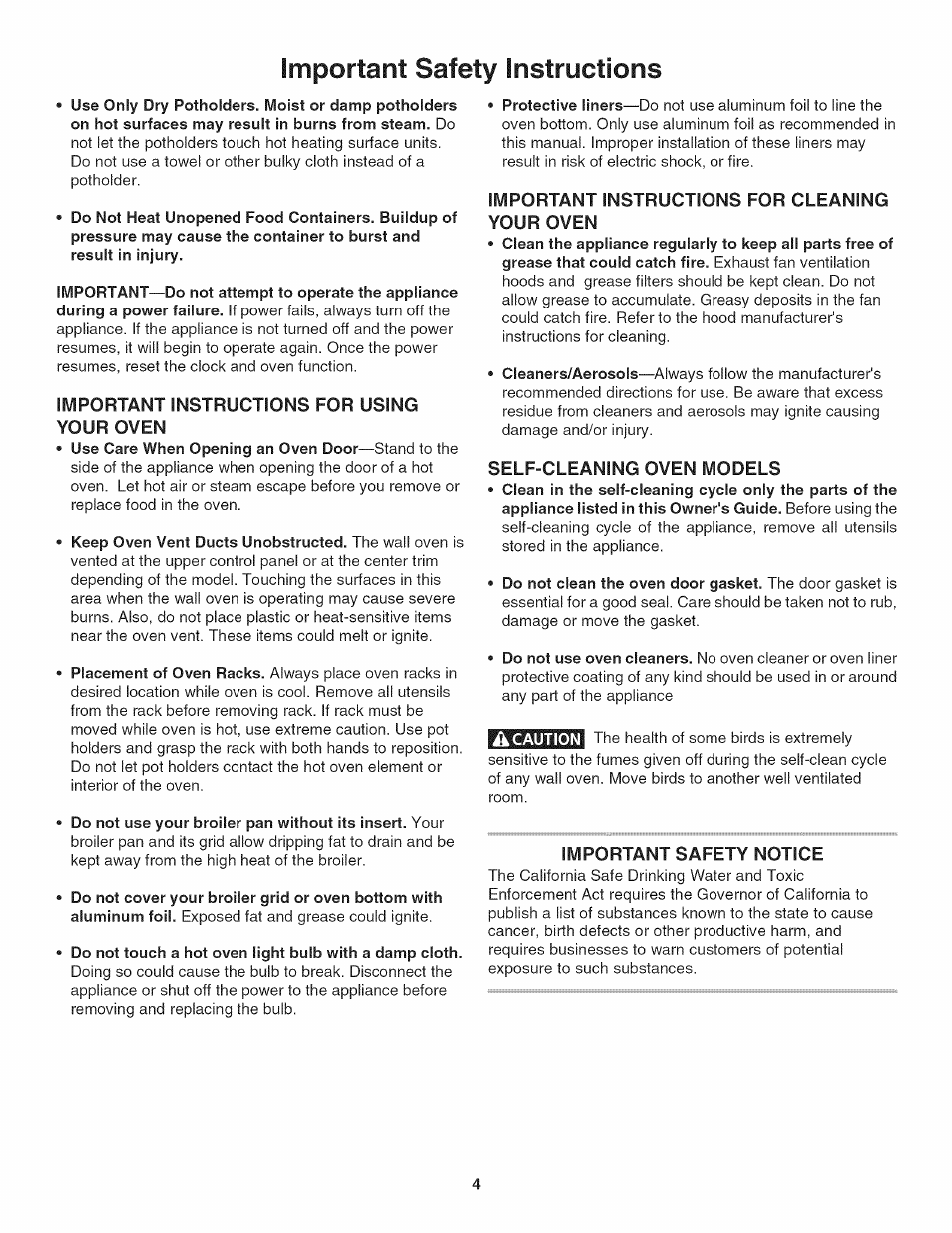 Important instructions for using your oven, Important instructions for cleaning your oven, Self-cleaning oven models | Important safety notice, Important safety instructions -4, Important safety instructions | Kenmore 790.4773 User Manual | Page 4 / 24