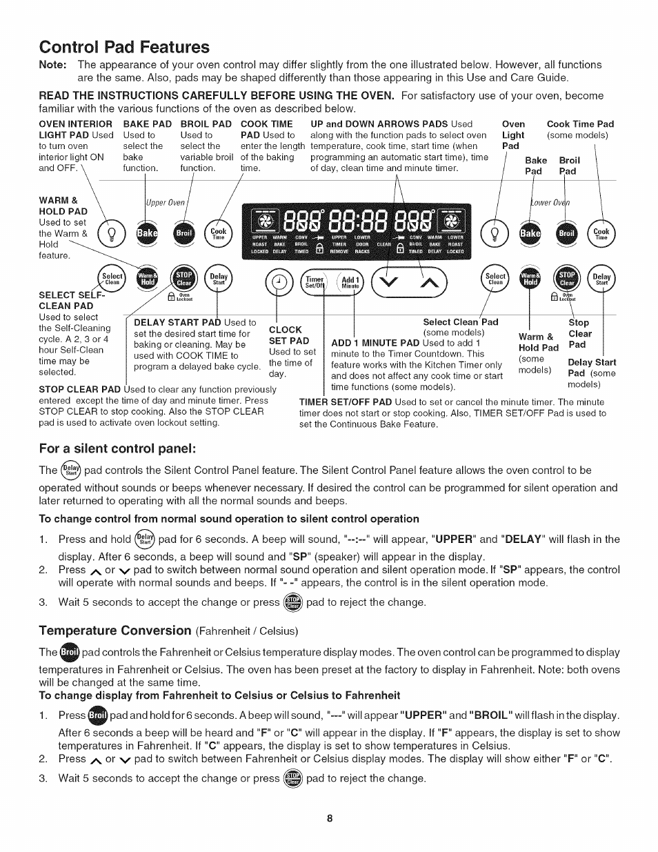 For a silent control panel, Control pad features | Kenmore 790.4773 User Manual | Page 8 / 24