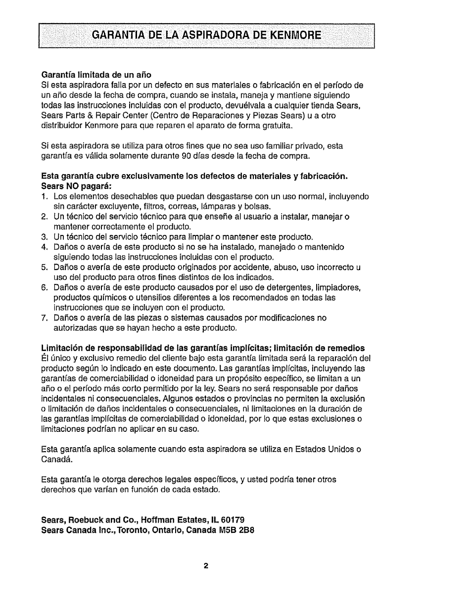 Garantia de la aspiradora de keniviore, Garantía limitada de un año | Kenmore 116.28014 User Manual | Page 26 / 48