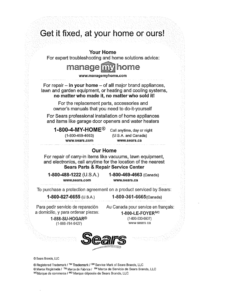 Manage home, Get it fixed, at your home or ours | Kenmore 116.28014 User Manual | Page 48 / 48