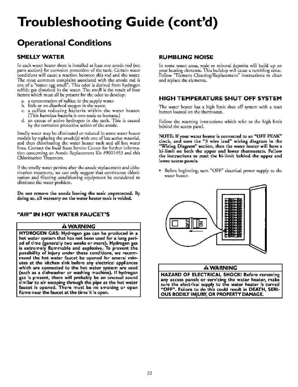 Troubleshooting guide (cont’d), Operational conditions, Smelly water | Ifr" in hot water faucet’s, Rumbling noise, High temperature shut off system, Awarning | Kenmore POWER MISER 153.32154 User Manual | Page 22 / 32