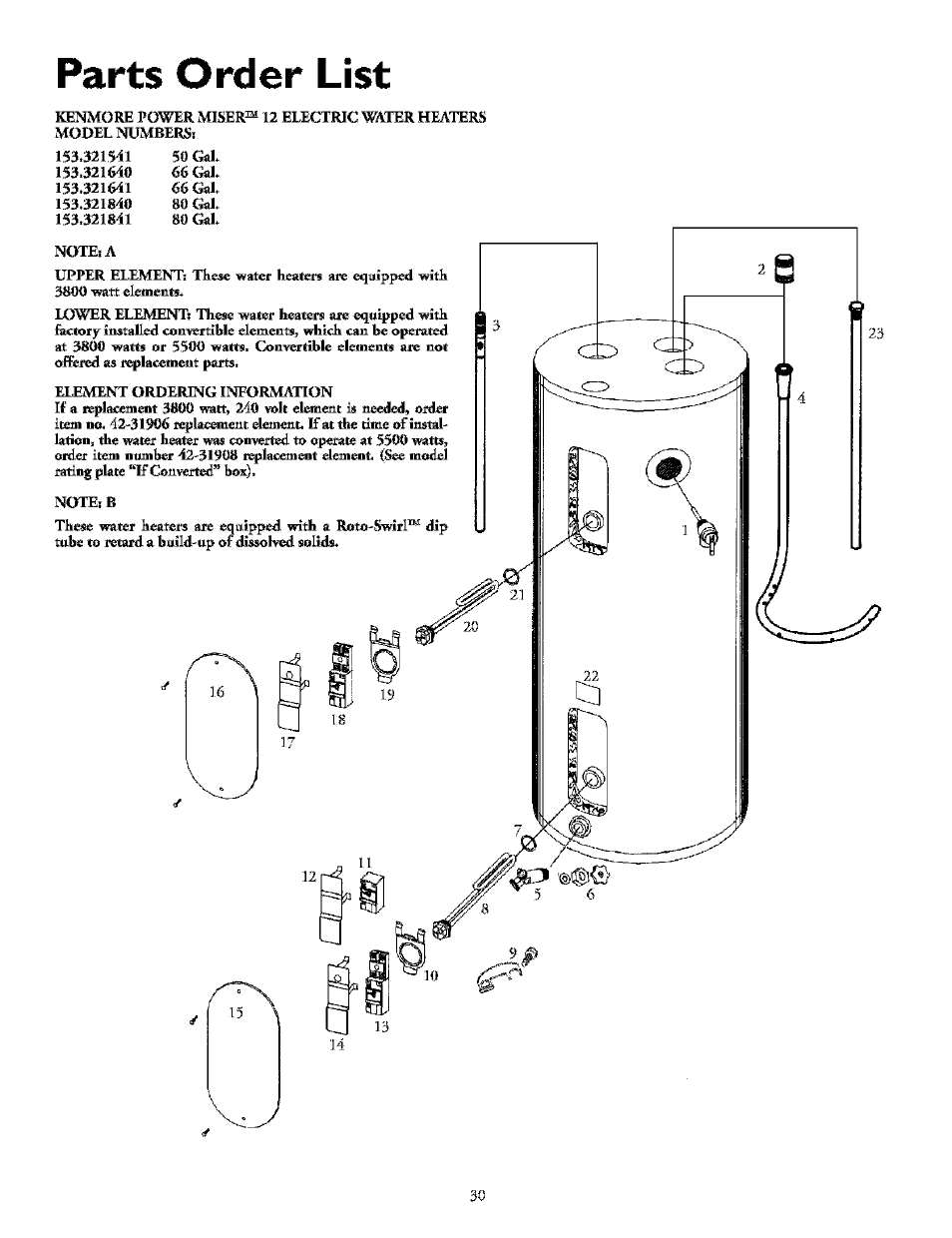 Parts order list | Kenmore POWER MISER 153.32154 User Manual | Page 30 / 32