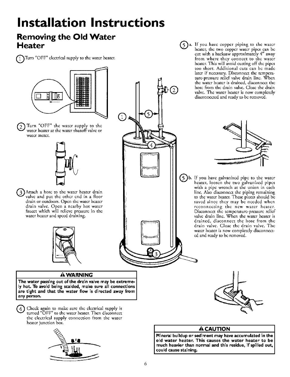 Removing the old water heater, Awarning, A caution | Installation instructions | Kenmore POWER MISER 153.32154 User Manual | Page 6 / 32