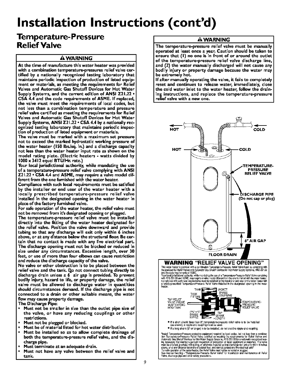 Tempe ratu re- p ressu re relief valve, Awarning, Installation instructions (cont’d) | Warning “relief valve opening | Kenmore POWER MISER 153.32154 User Manual | Page 9 / 32