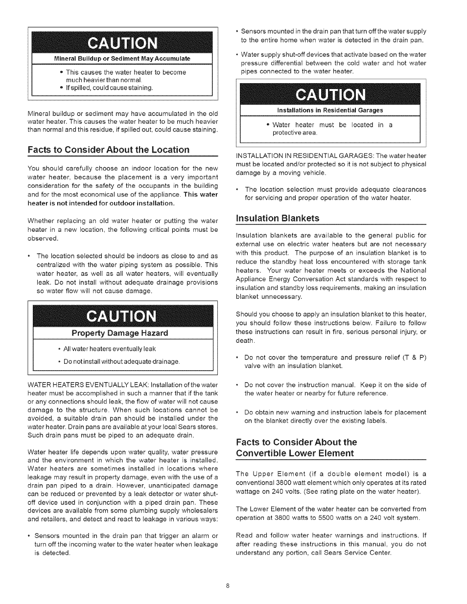 Caution, Facts to consider about the location, Insulation blankets | Kenmore I 53.329462 40 GALLON User Manual | Page 8 / 32