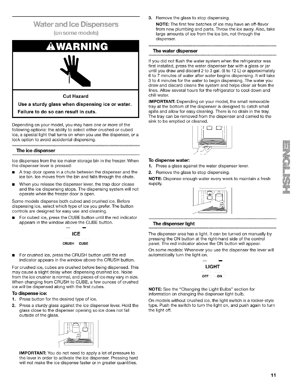 Awarning, Water and, Dispensers | Kenmore 10653272301 User Manual | Page 11 / 25