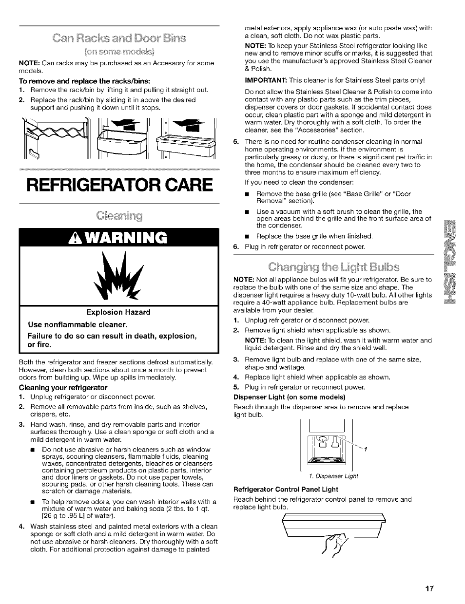 Refrigerator care, Refrigerator sheives, Awarning | I' ■.; -s and door bins, Ctearirig | Kenmore 10653272301 User Manual | Page 17 / 25