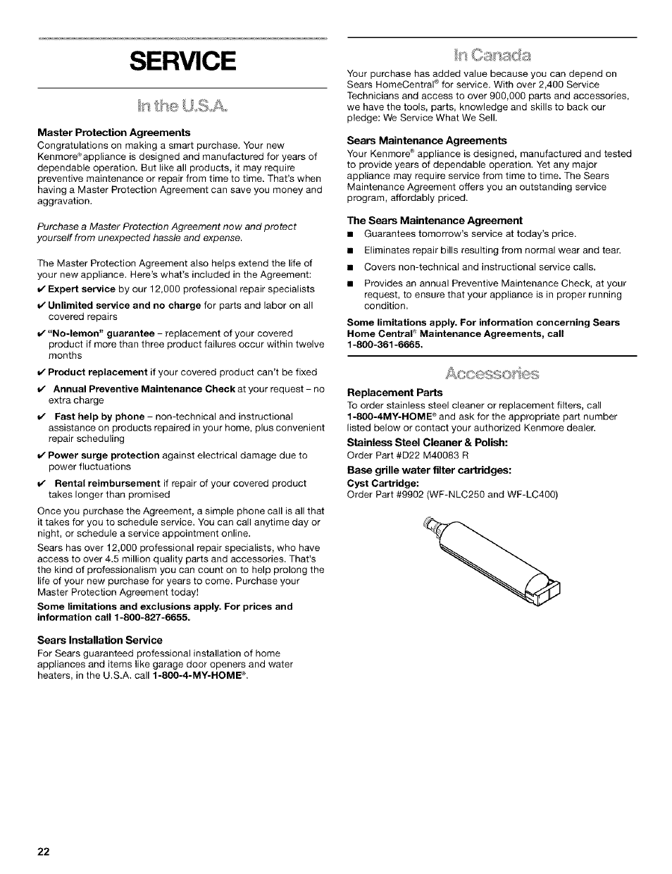 Service, Accessories | Kenmore 10653272301 User Manual | Page 22 / 25