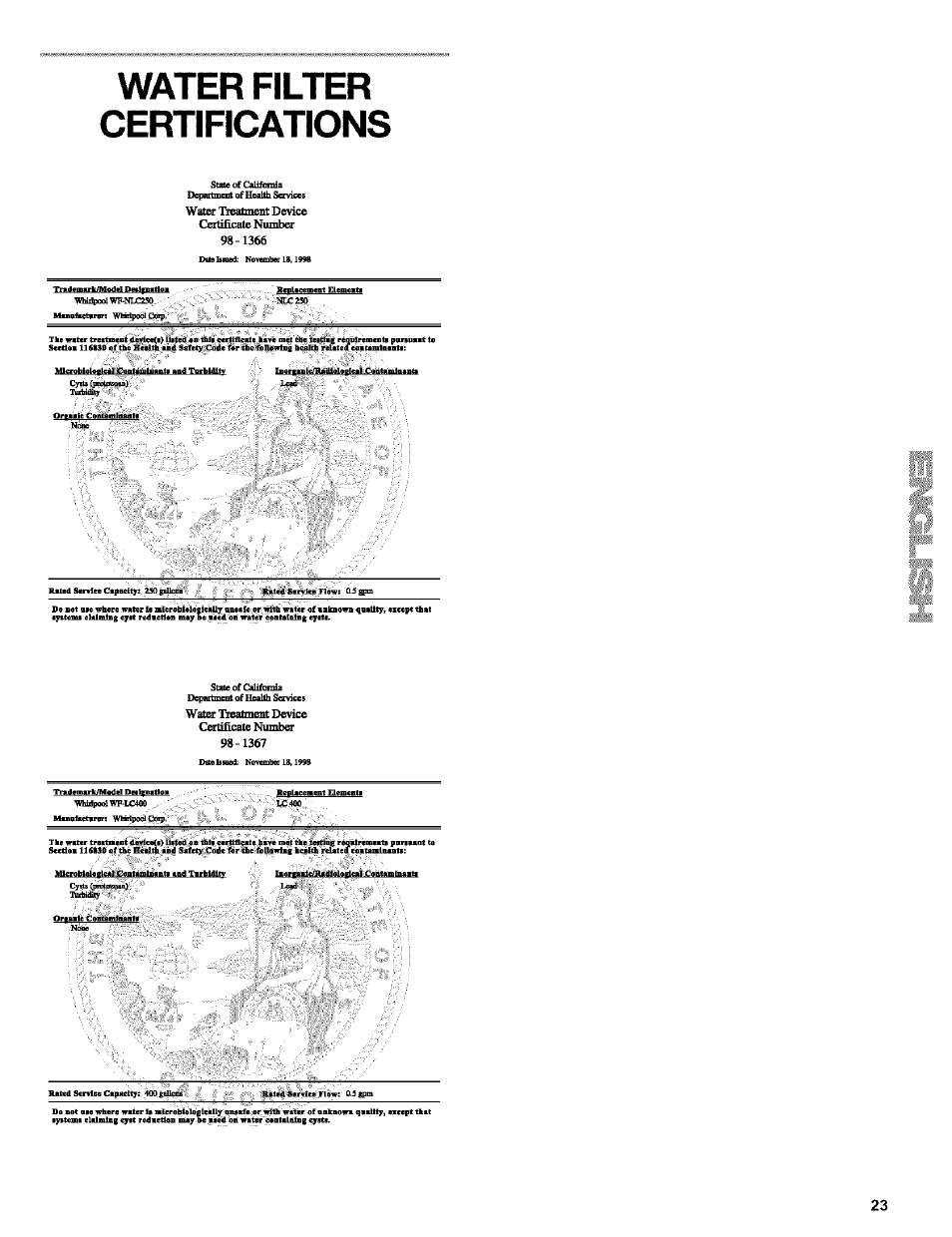 Water filter certifications | Kenmore 10653272301 User Manual | Page 23 / 25