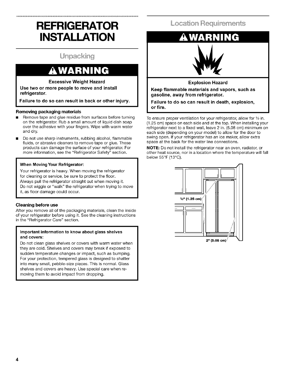 Refrigerator, Installation, Awarning | Refrigerator installation | Kenmore 10653272301 User Manual | Page 4 / 25
