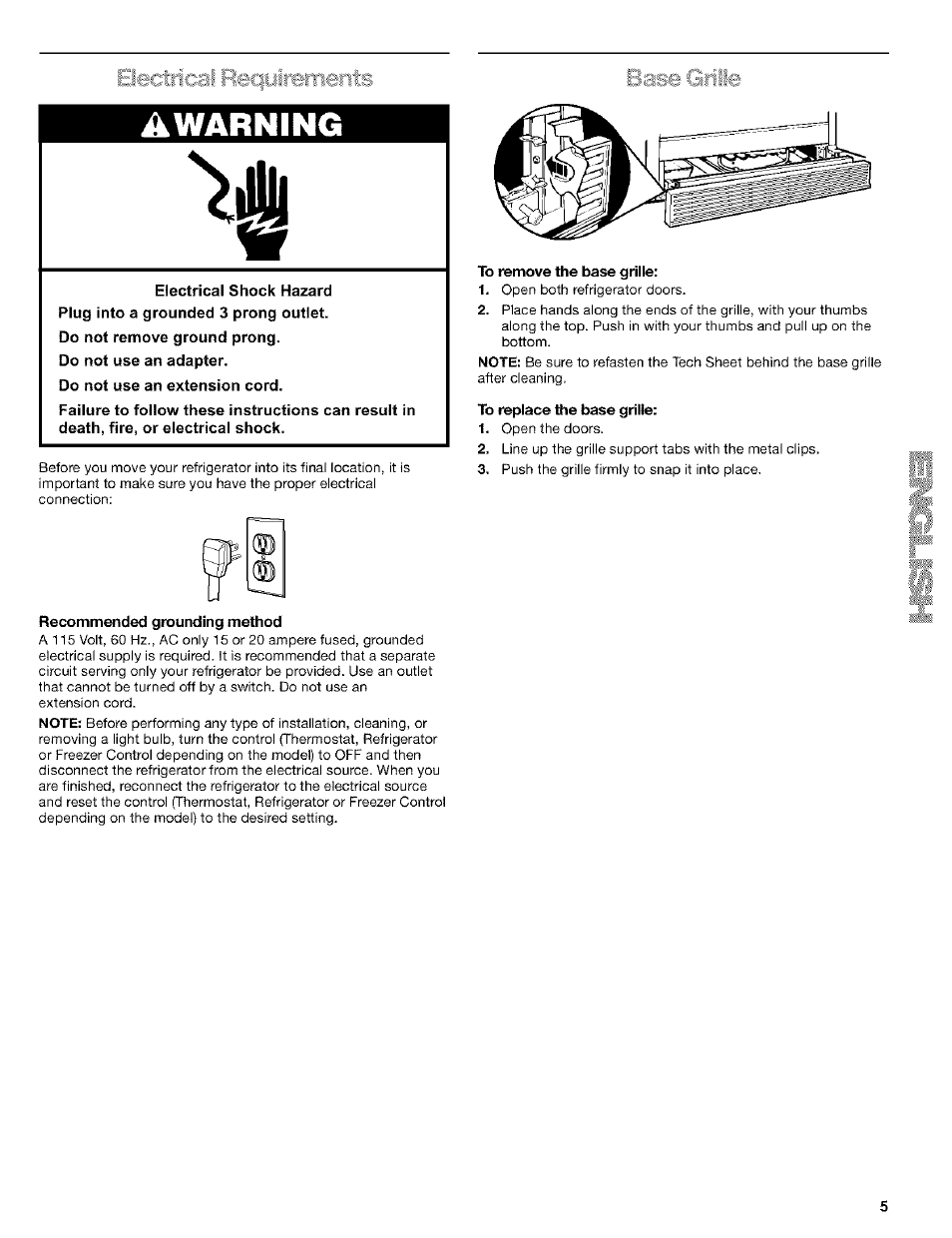 Awarning, Electrical fleqairements | Kenmore 10653272301 User Manual | Page 5 / 25