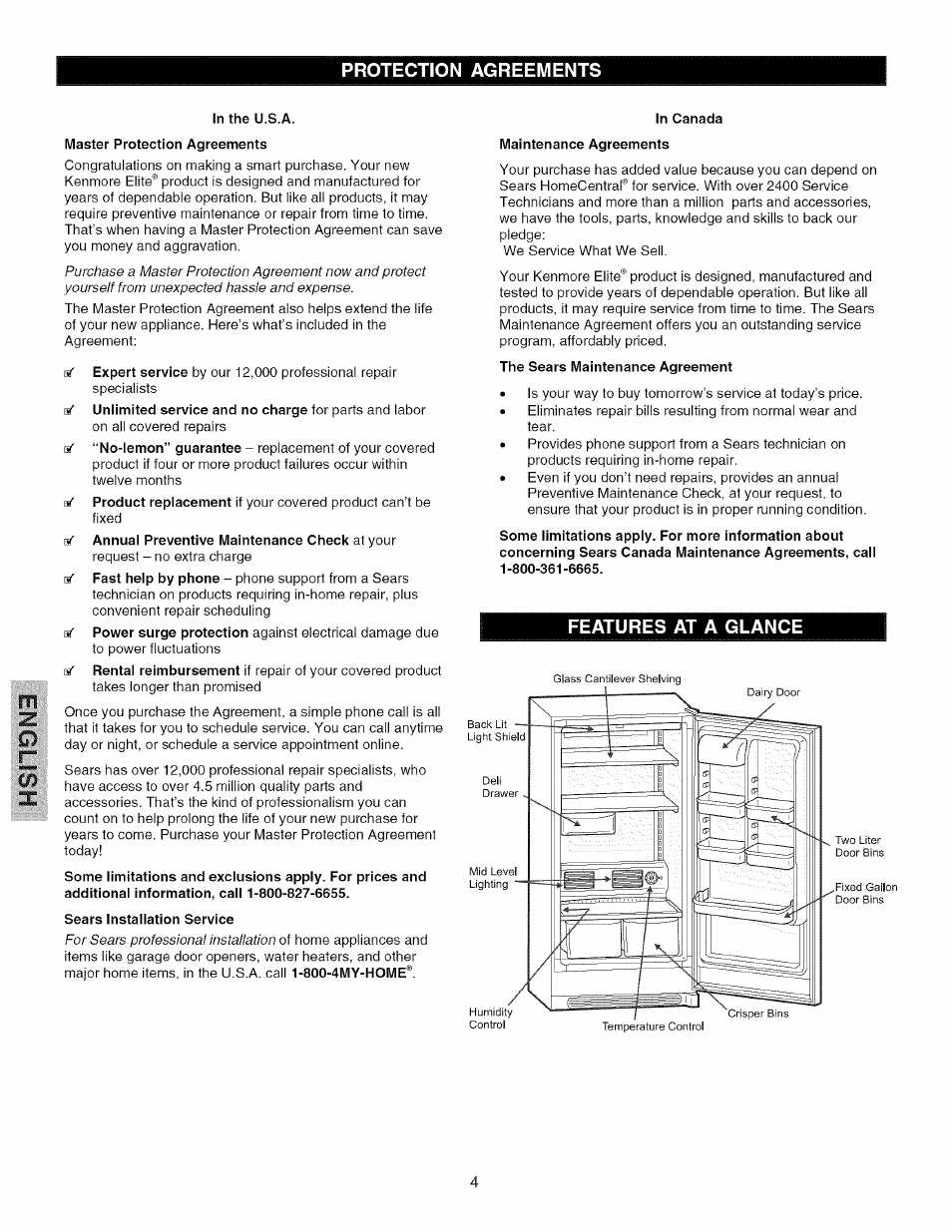 Protection agreements, In the u.s.a, Master protection agreements | Sears installation service, In canada, Maintenance agreements, The sears maintenance agreement | Kenmore 25344723104 User Manual | Page 4 / 10