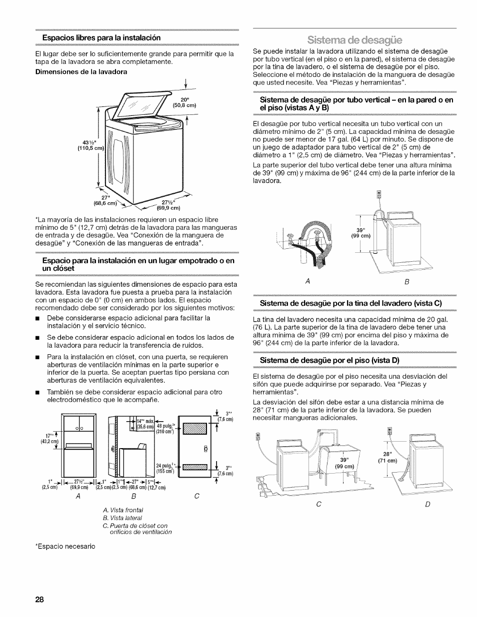Espacios libres para la instalación, Sistema de desagüe por el piso (vista d), De el | Kenmore OASIS 110.2807 User Manual | Page 28 / 76