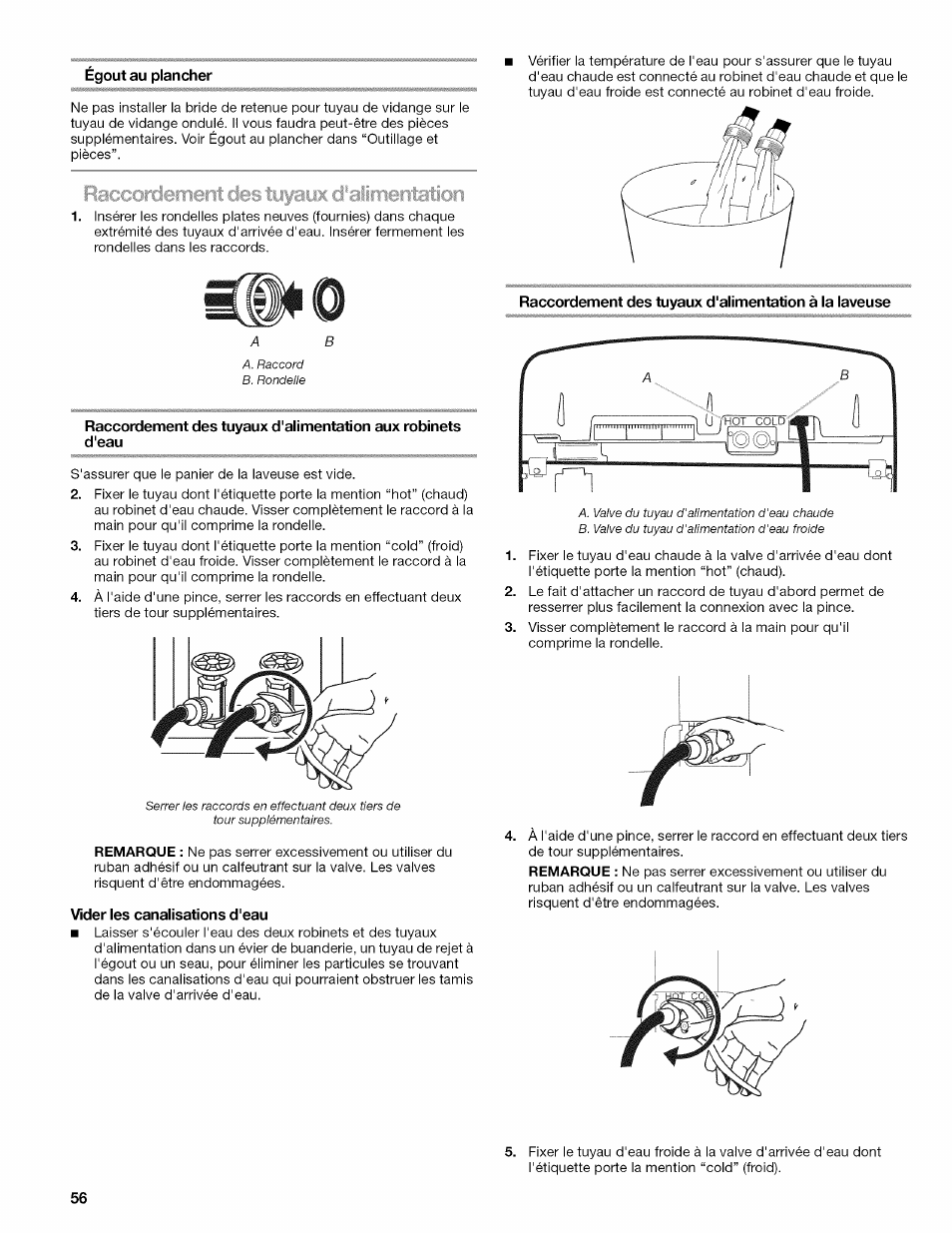 Egout au plancher, Vider les canalisations d'eau, Raccordement des tuyaux d'alimentation | Kenmore OASIS 110.2807 User Manual | Page 56 / 76