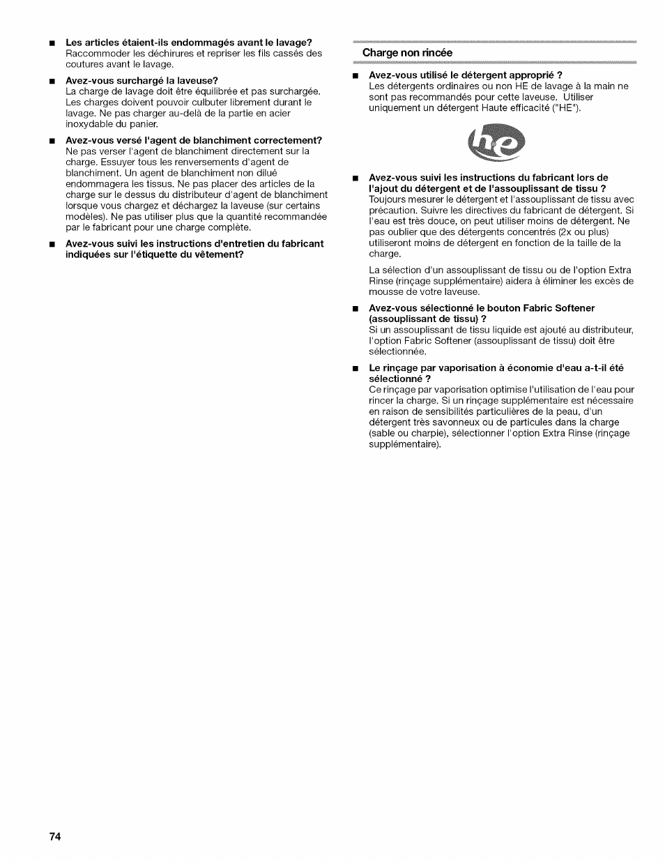 Charge non rincée | Kenmore OASIS 110.2807 User Manual | Page 74 / 76