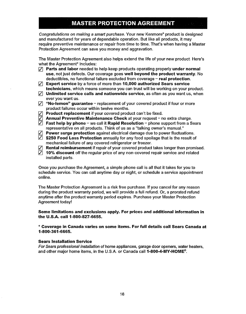 Master protection agreement, Sears installation service, For sears professional installation | Kenmore 37035 User Manual | Page 16 / 17