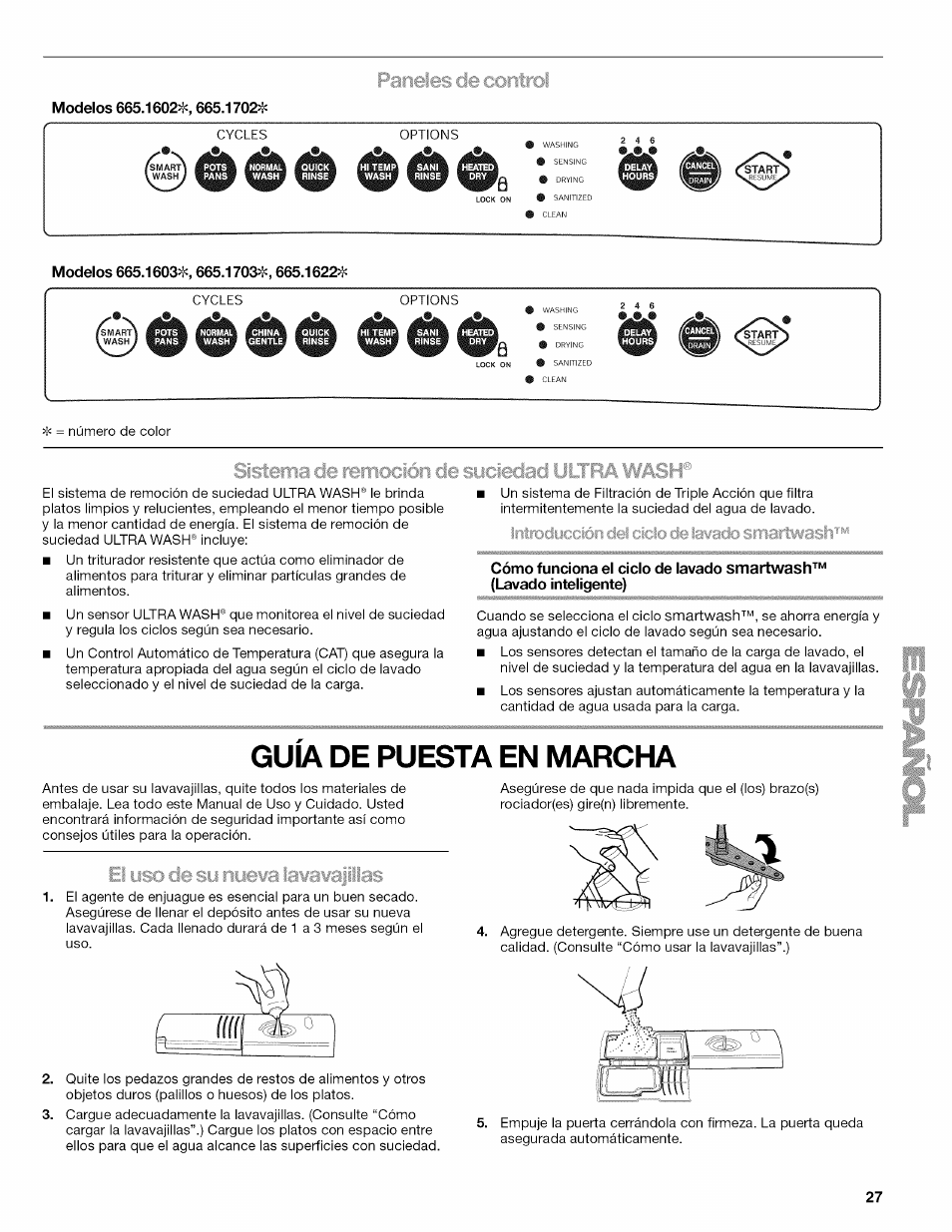 Guia de puesta en marcha, Guía de puesta en marcha, Paneles de control | Iiitrodiiccióii del ciclo de lacado smailmasií | Kenmore 665.1703 User Manual | Page 27 / 64