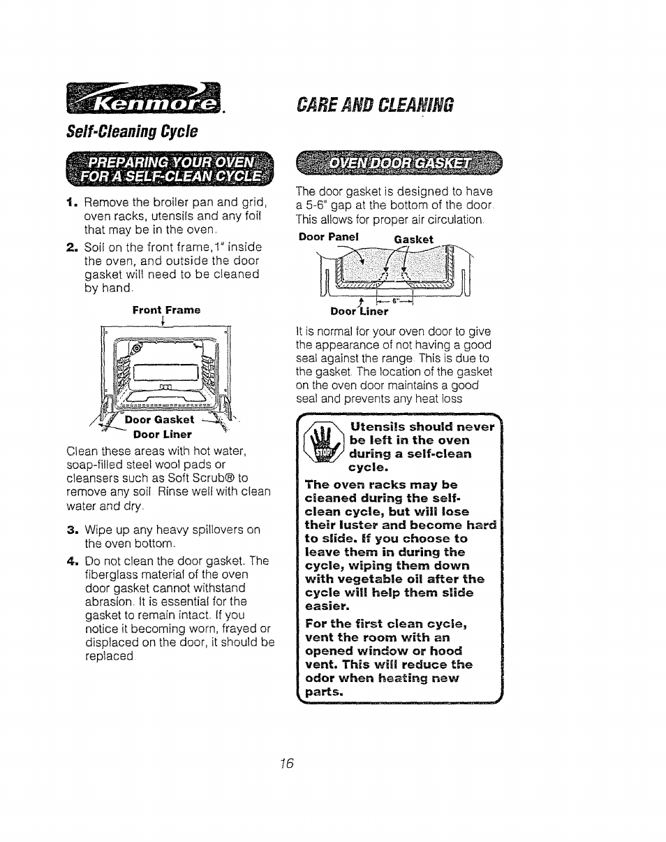 Selfqleaning cyala, Care àm cleaning | Kenmore 911.92485 User Manual | Page 16 / 28