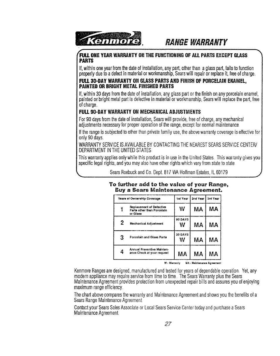 Range warranty, W ma ma 2, W ma ma | Wma ma, 1vîâ ma ma, Oiro | Kenmore 911.92485 User Manual | Page 27 / 28