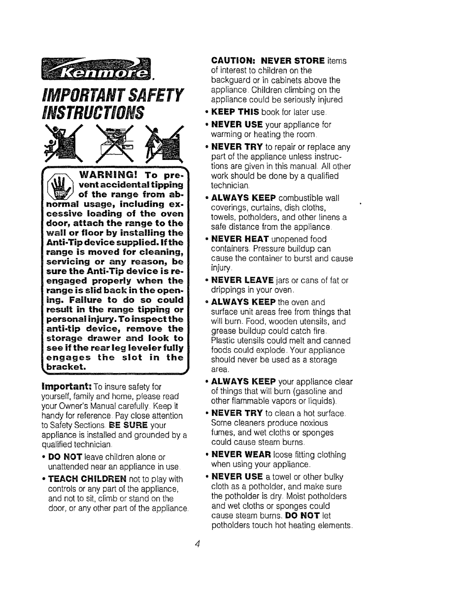 Important safety instructions, Warning! to pre | Kenmore 911.92485 User Manual | Page 4 / 28