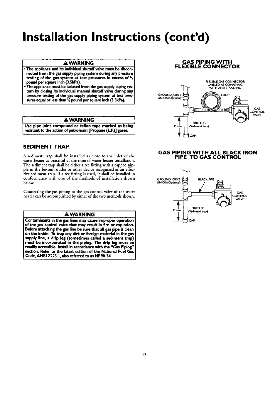 Awarning, Gas piping with flexible connector, Sediment trap | Gas piping with all black iron pipe to gas control, Installation instructions (cont’d) | Kenmore ECONOMIZER 153.332418 User Manual | Page 15 / 28