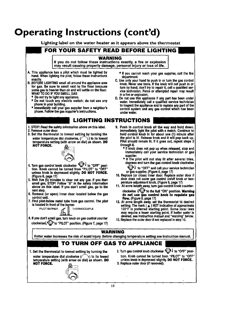 Operating instructions (cont*d), Operating instructions, For your safety read before lighting | Lighting instructions, Warning | Kenmore ECONOMIZER 153.332418 User Manual | Page 18 / 28