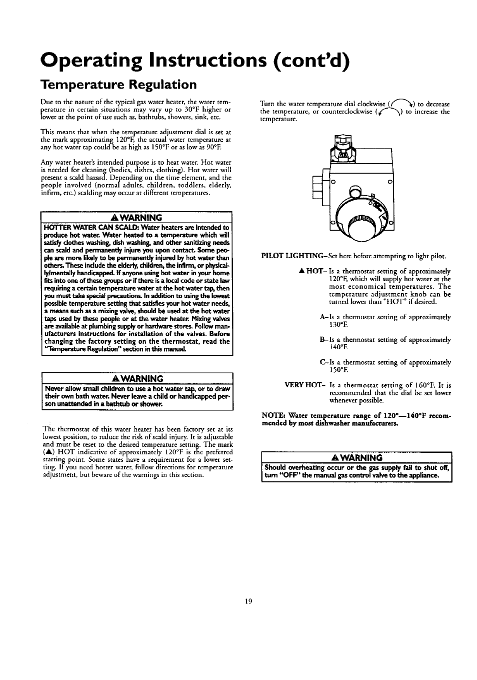 Operating instructions (cont’d), Temperature regulation, Awarning | Kenmore ECONOMIZER 153.332418 User Manual | Page 19 / 28