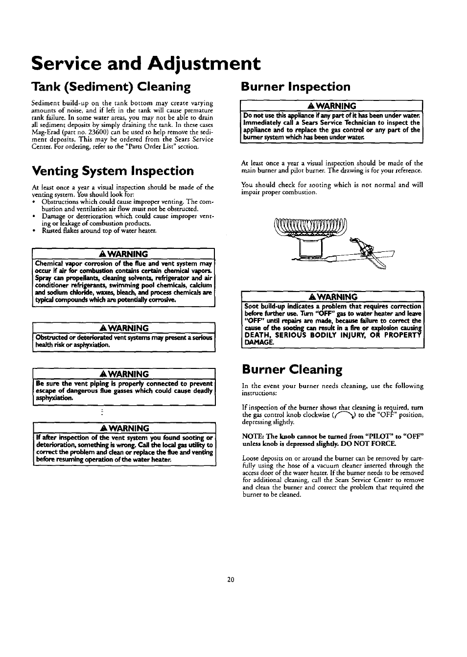 Service and adjustment, Tank (sediment) cleaning burner inspection, Venting system inspection | Awarning, Burner cleaning, Service and adjustment -21 | Kenmore ECONOMIZER 153.332418 User Manual | Page 20 / 28