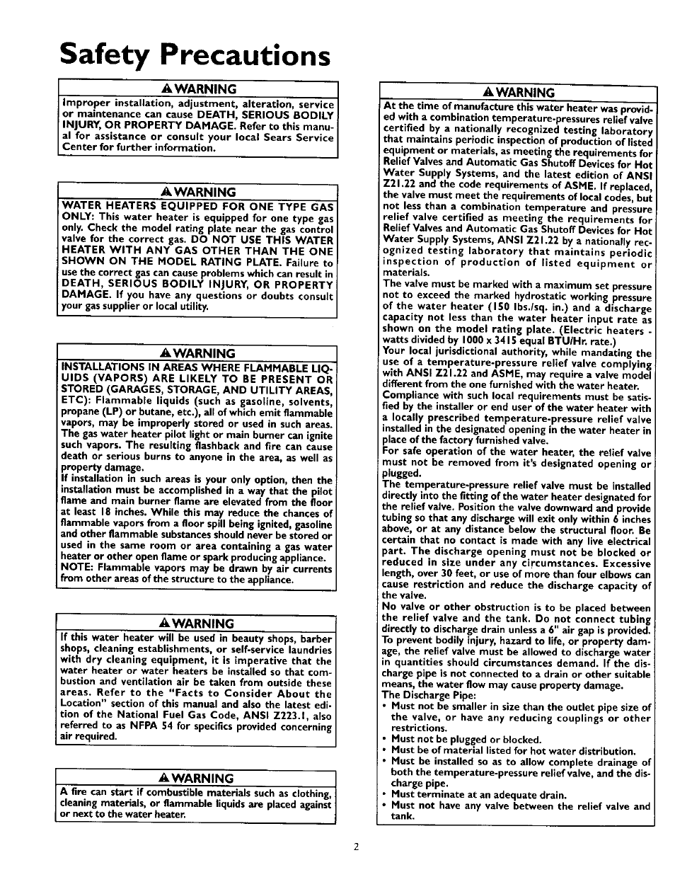 Safety precautions, Warning | Kenmore 153.330752 User Manual | Page 2 / 28
