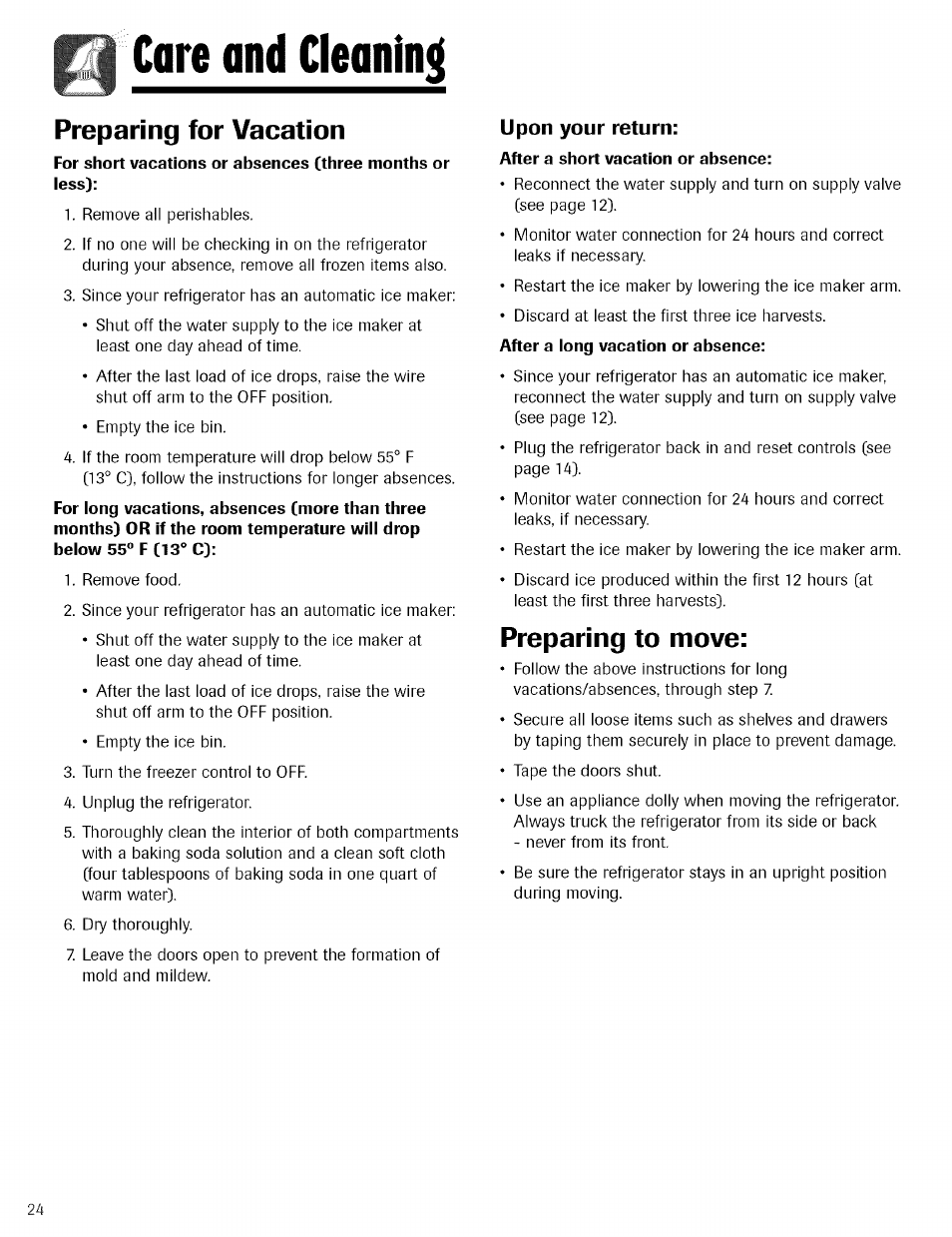 Upon your return, After a short vacation or absence, Care and cleaning | Preparing for vacation, Preparing to move | Kenmore TRIO 596.755024 User Manual | Page 24 / 29