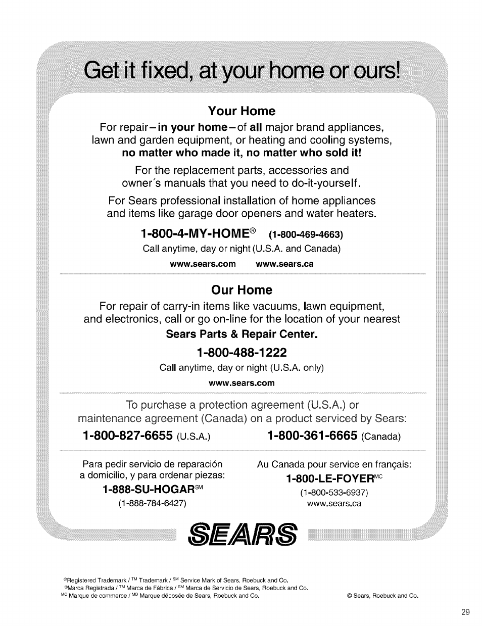 888-su-hogar, Get it fixed, at your home or ours | Kenmore TRIO 596.755024 User Manual | Page 29 / 29