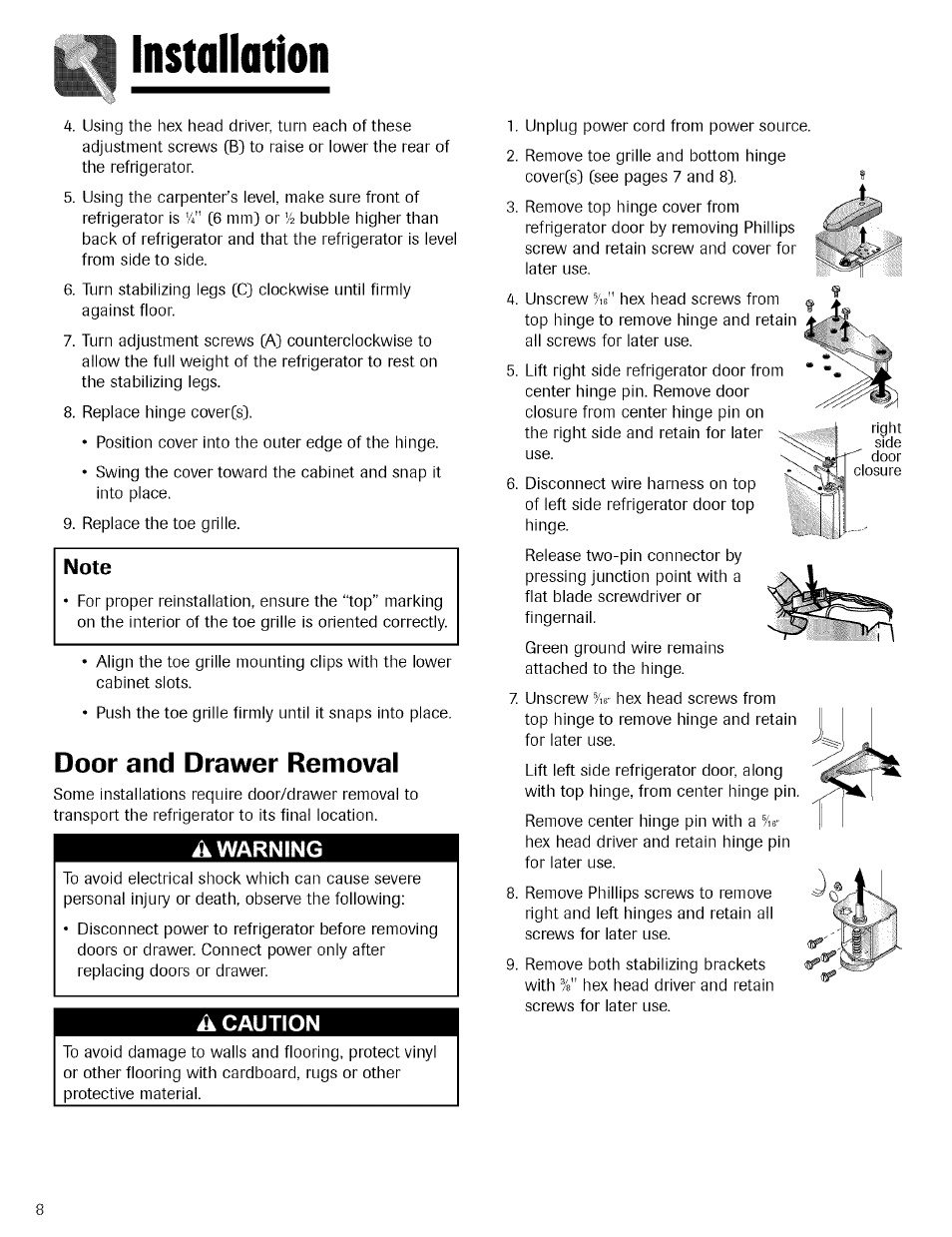Note, A warning, A caution | Installation, Door and drawer removal | Kenmore TRIO 596.755024 User Manual | Page 8 / 29