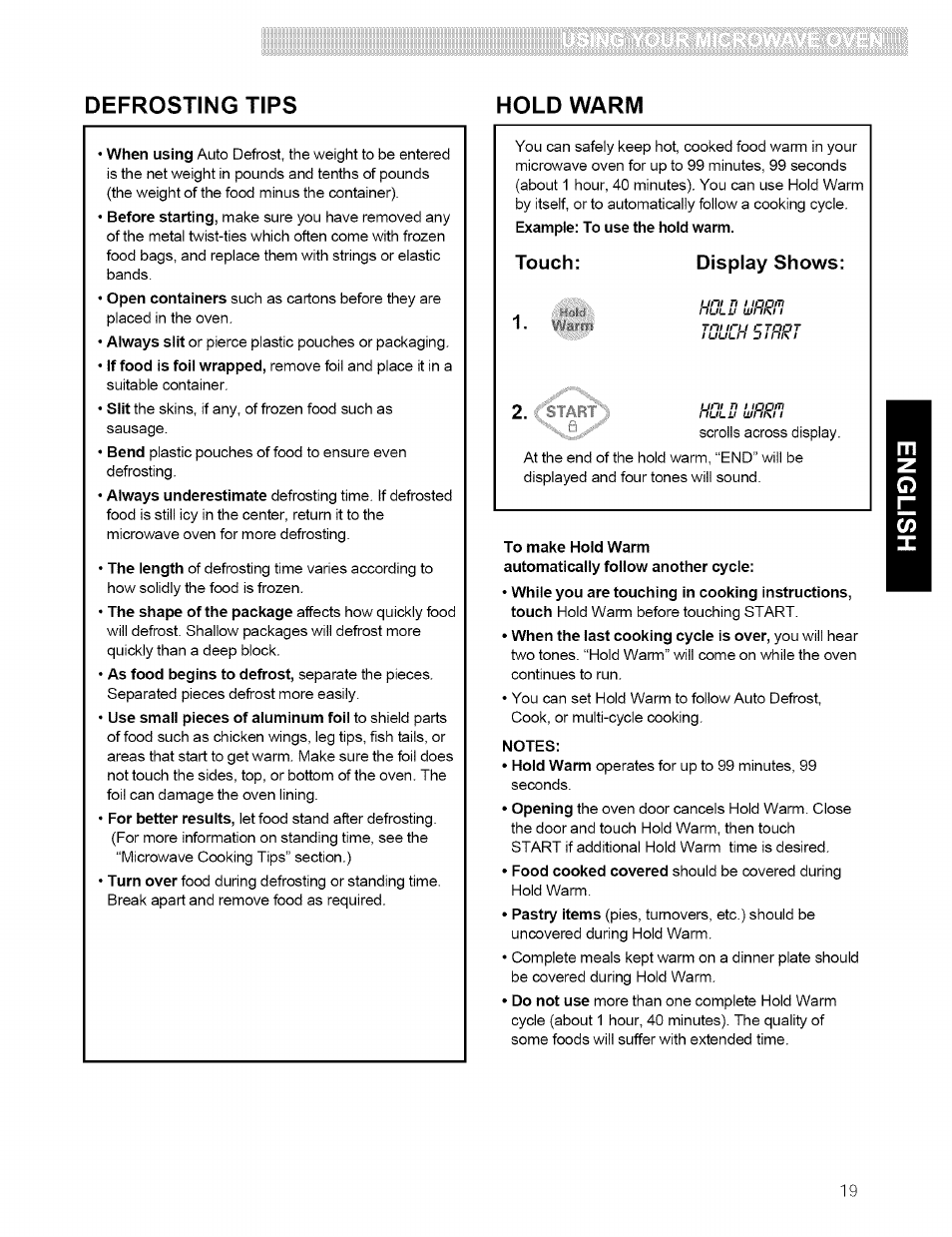 To make hold warm, Notes, Defrosting tips hold warm | Kenmore 721.80594 User Manual | Page 19 / 33