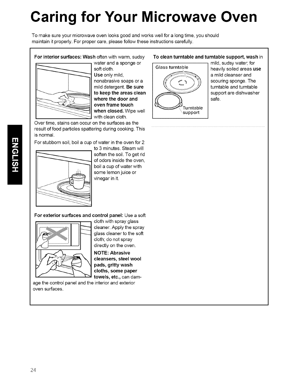 Caring for your microwave oven, To clean turntable and turntable support, wash in | Kenmore 721.80594 User Manual | Page 24 / 33