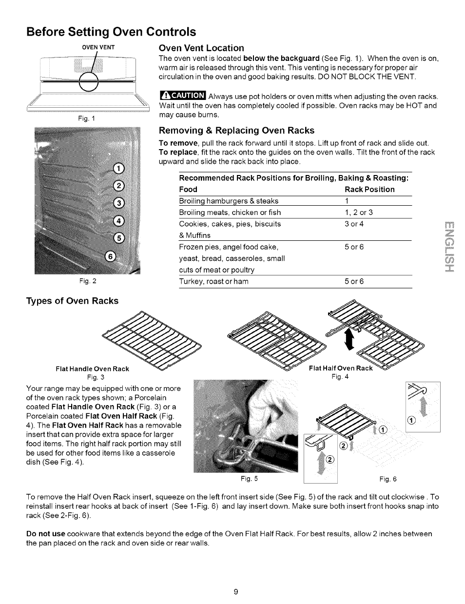 Caution, Removing & replacing oven racks, Types of oven racks | Removing & replacing warmer drawer, Before setting oven controls | Kenmore 790.7937 User Manual | Page 9 / 44