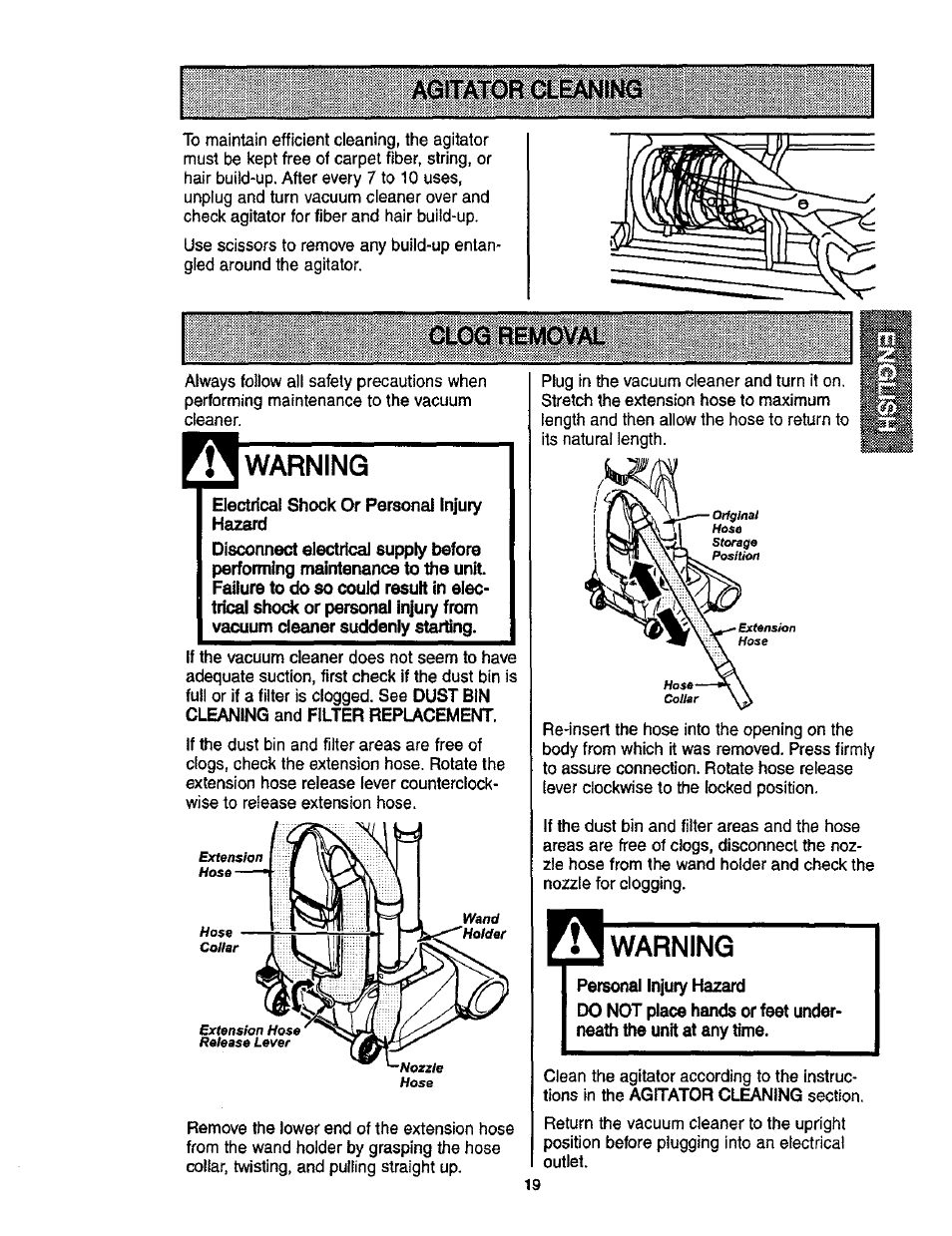 Warning, Aqitator oeaninq, Ooe removal 1 | Kenmore ASPIRADORA 116.35913 User Manual | Page 19 / 40