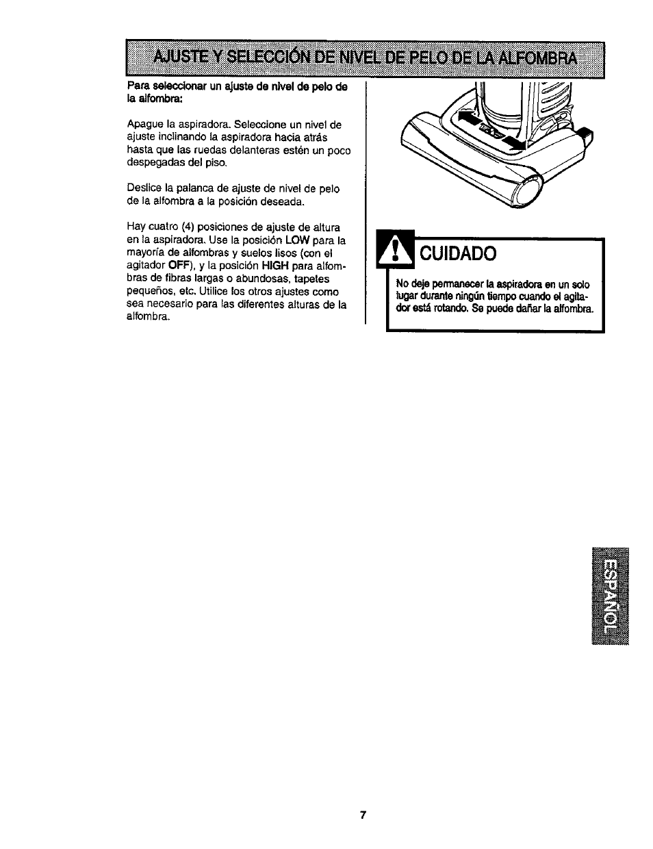 Cuidado, Ajuste y lección de №vel de pelo de u aitombra | Kenmore ASPIRADORA 116.35913 User Manual | Page 27 / 40