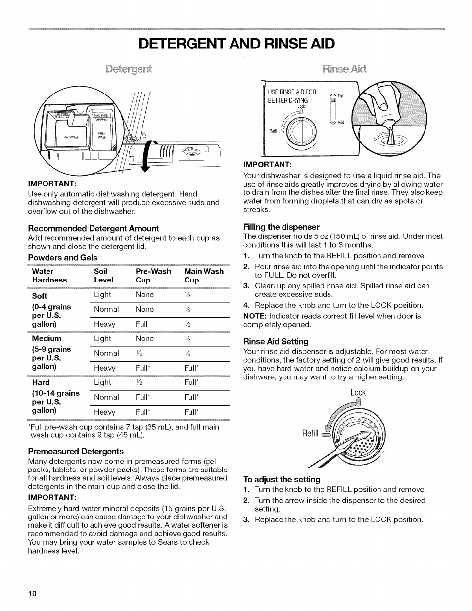 Detergent and rinse aid, Detergert rinse aid | Kenmore 13163 User Manual | Page 10 / 76