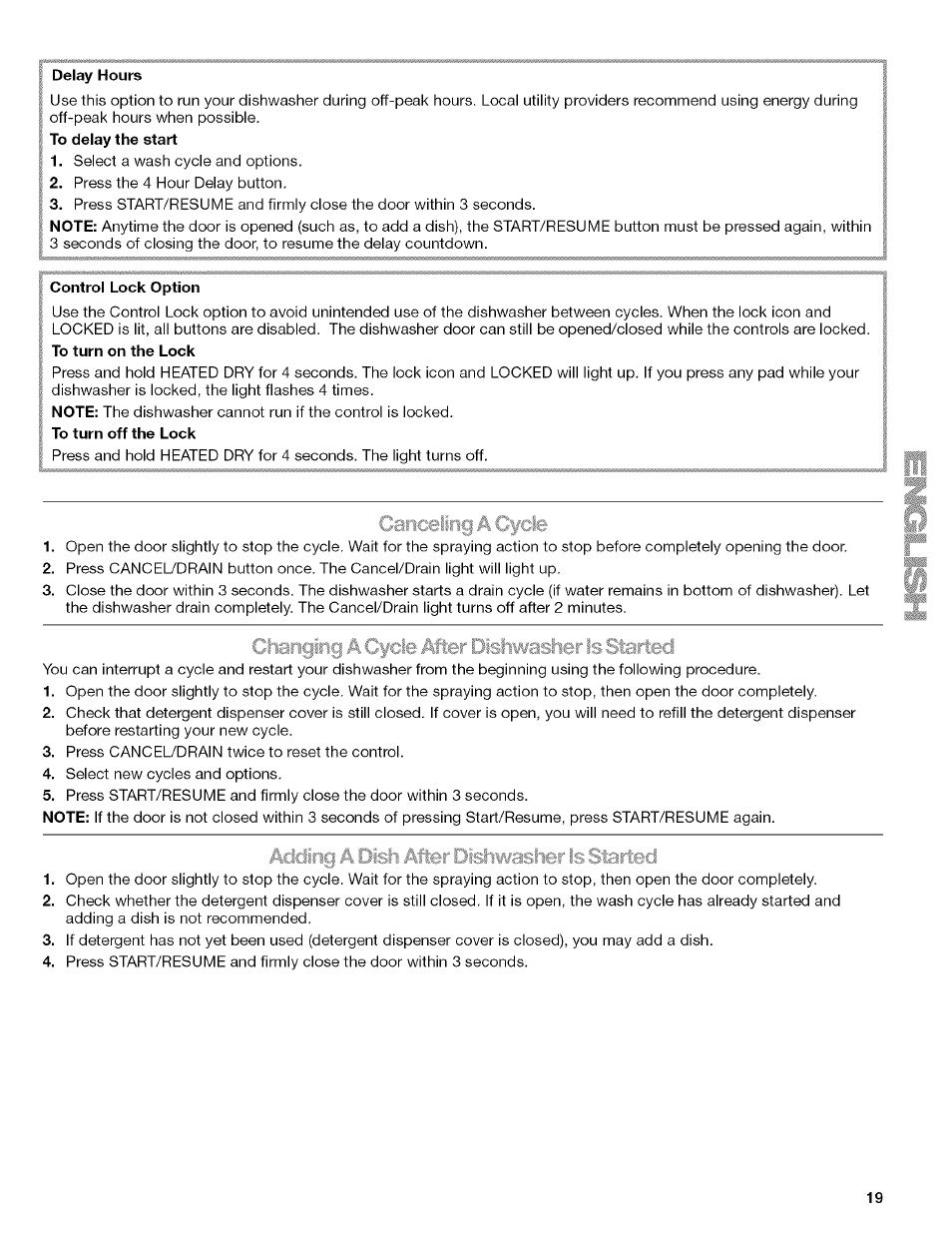 Delay hours, Control lock option, Clianciinei acf | Is dtarteci, Ir is star | Kenmore 13163 User Manual | Page 19 / 76