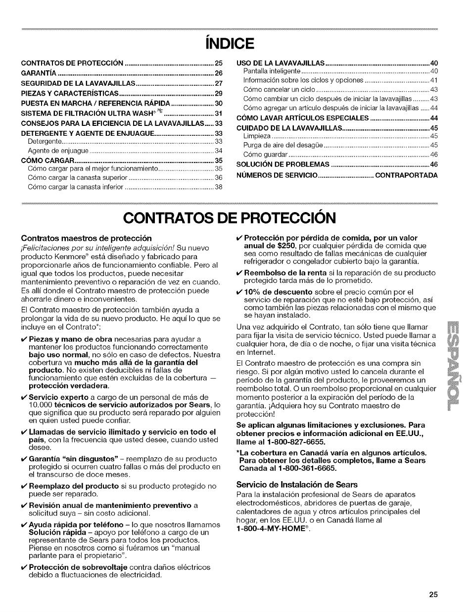 Indice, Contratos de proteccion, 000 técnicos de servicio autorizados por sears, lo | Kenmore 13163 User Manual | Page 25 / 76