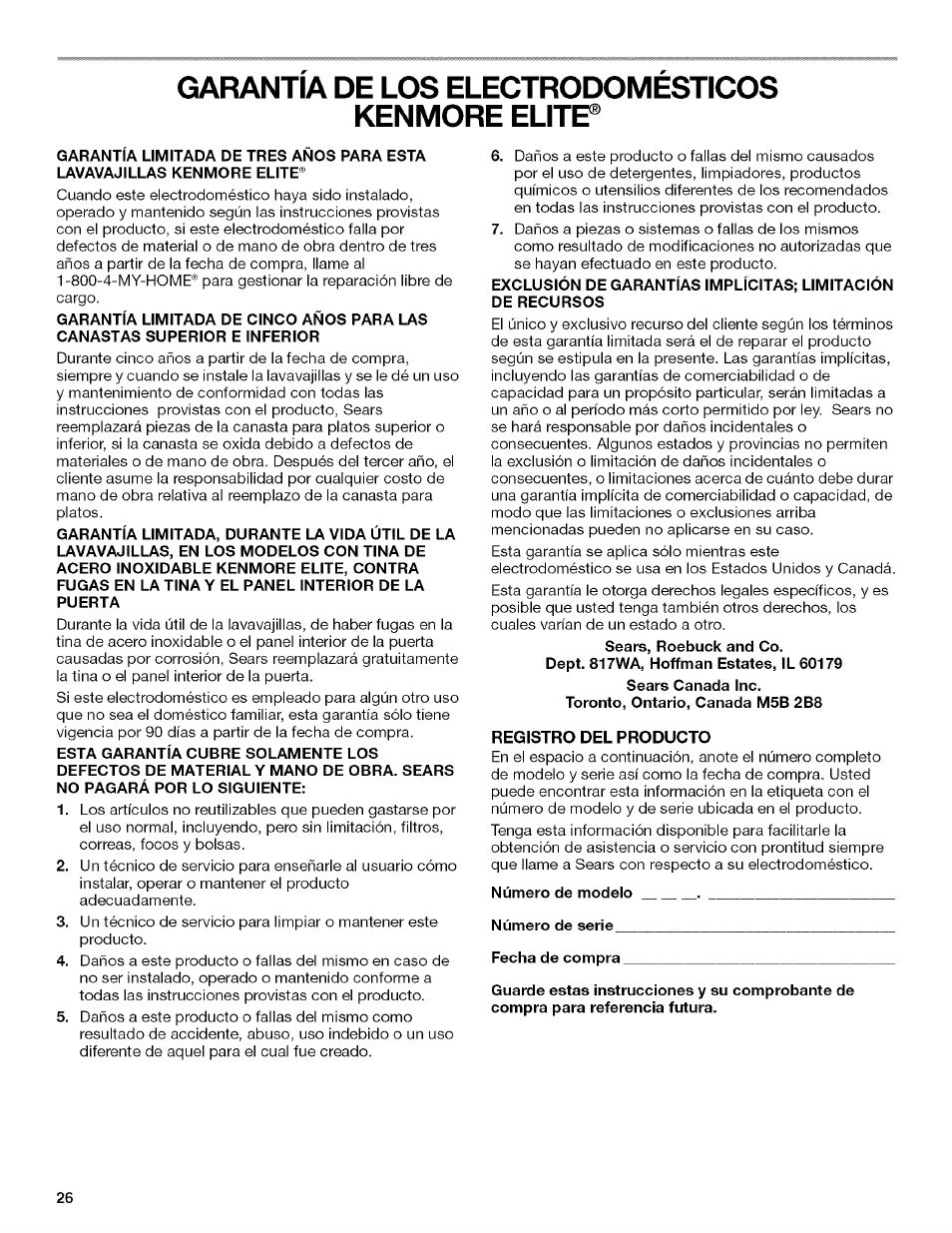 Garantia de los electrodomesticos, Kenmore elite, Número de modelo | Número de serie, Fecha de compra, Garantia de los electrodomesticos kenmore elite | Kenmore 13163 User Manual | Page 26 / 76