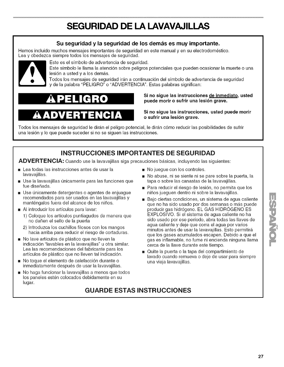 Seguridad de la lavavajillas, Aadvertencia, Instrucciones importantes de seguridad | Guarde estas instrucciones, Apeligro aadvertencia | Kenmore 13163 User Manual | Page 27 / 76