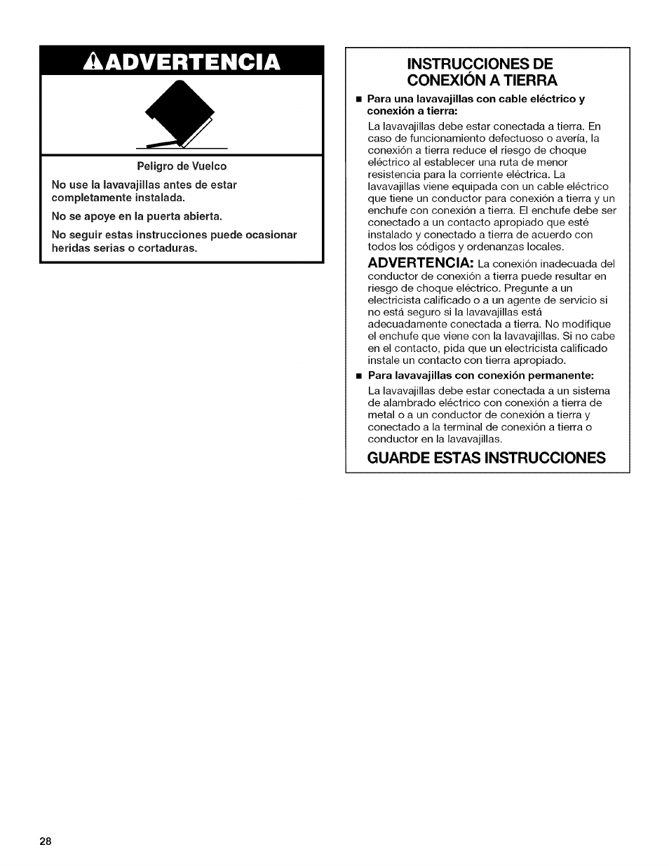 Aadvertencia, Instrucciones de conexión a tierra, Guarde estas instrucciones | Kenmore 13163 User Manual | Page 28 / 76