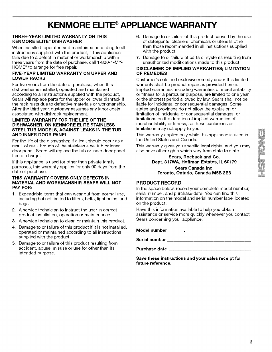 Kenmore elite® appliance warranty | Kenmore 13163 User Manual | Page 3 / 76